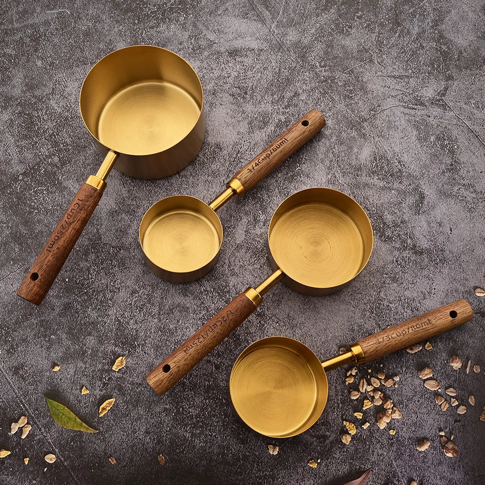 Gold Wooden Stainless Steel Measuring Cups