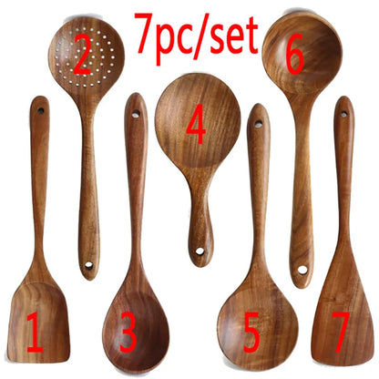 1-7pc teak natural wood tableware