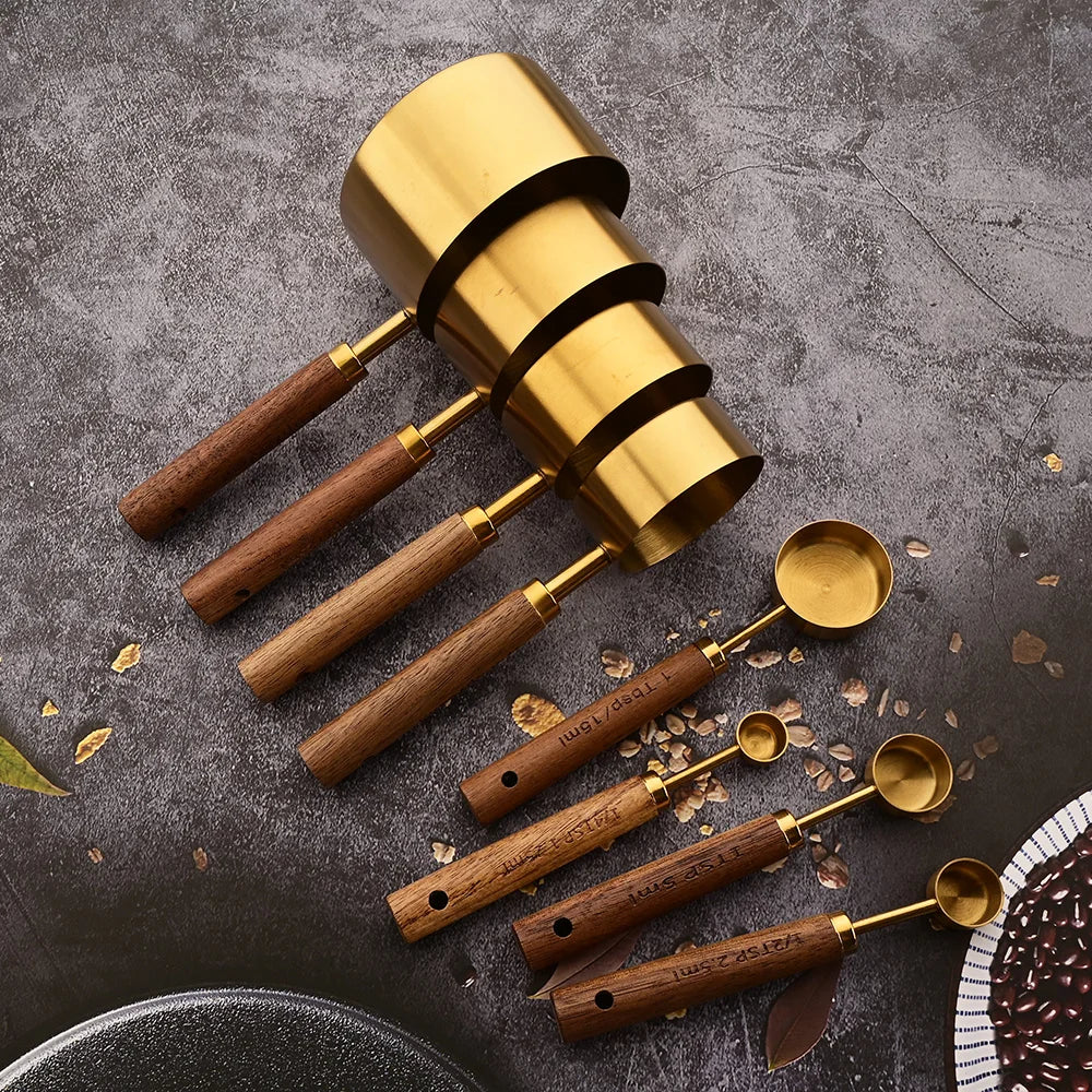 Gold Wooden Stainless Steel Measuring Cups