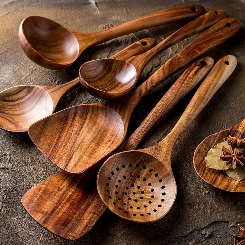 1-7pc teak natural wood tableware