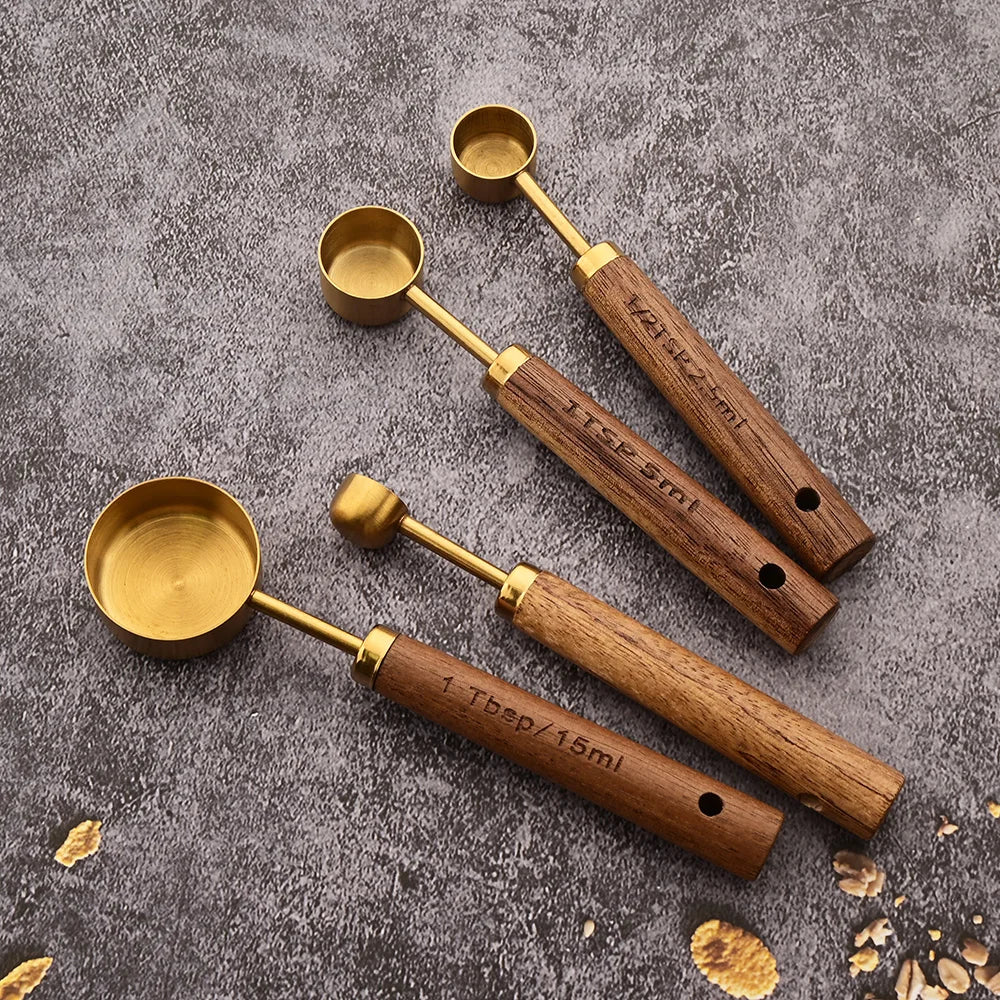 Gold Wooden Stainless Steel Measuring Cups