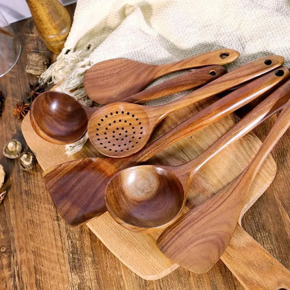 1-7pc teak natural wood tableware