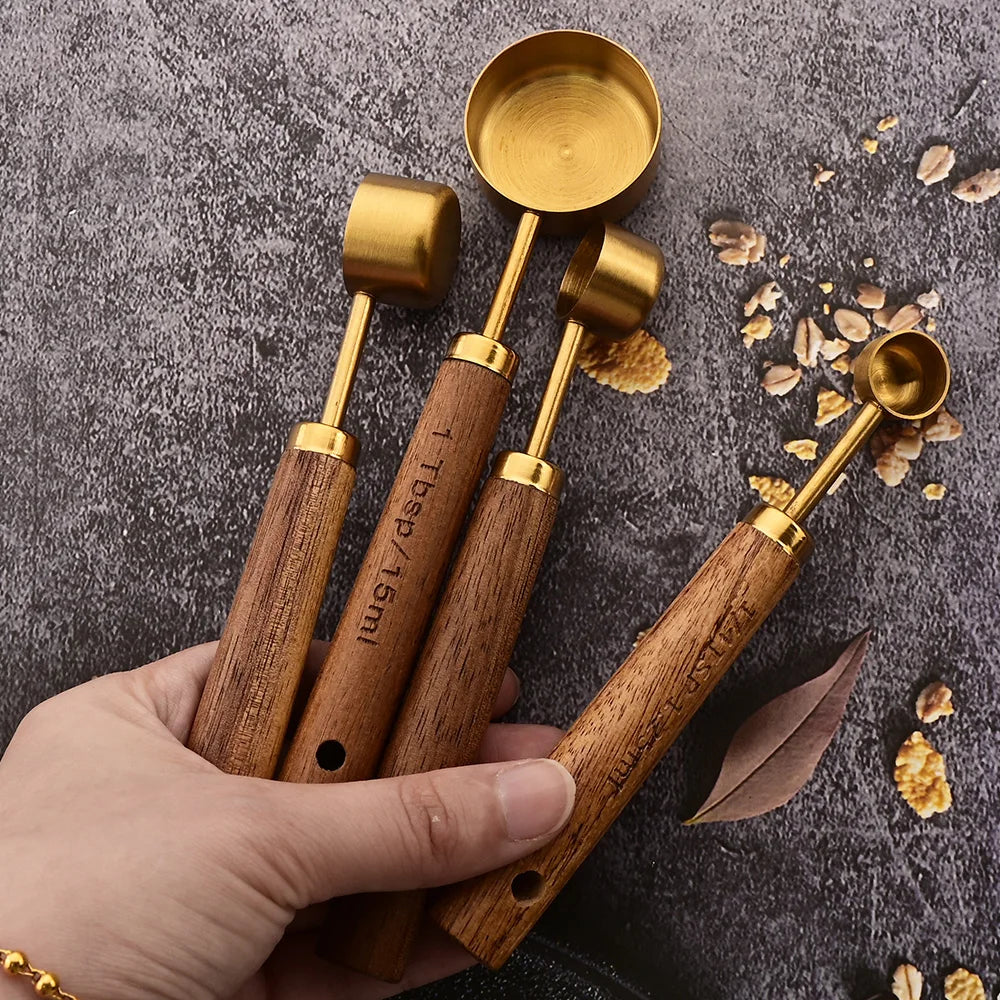 Gold Wooden Stainless Steel Measuring Cups