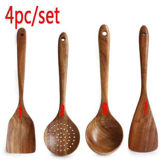 1-7pc teak natural wood tableware